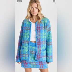 Kitri Blue and Green Plaid Cardigan and Skirt Set